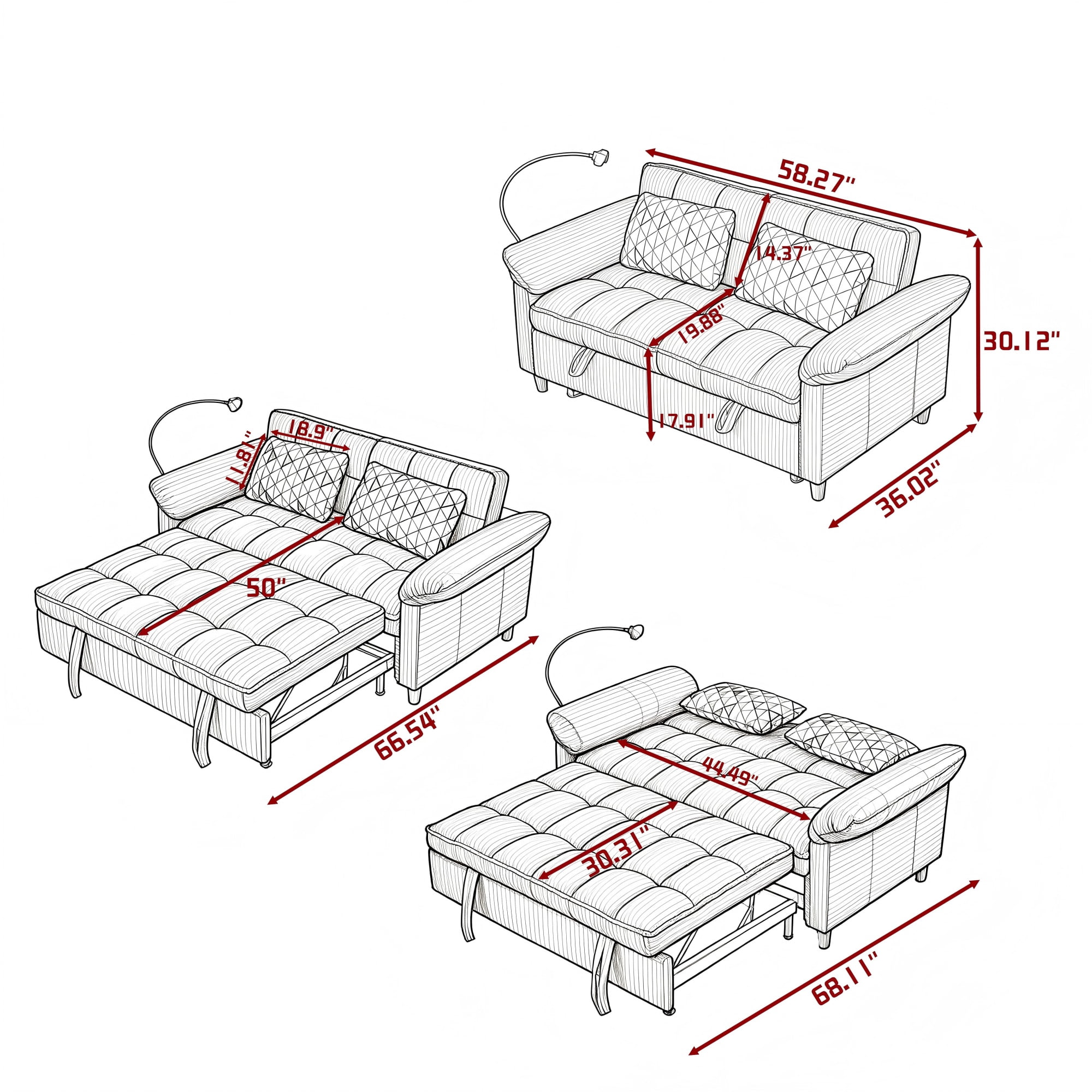 BSHTI 58.27" Corduroy Convertible Sofa Bed with Pull Out Sleeper, 3-Position Backrest, Storage Pocket for Living Room Guest Room, Black（Dark Grey）