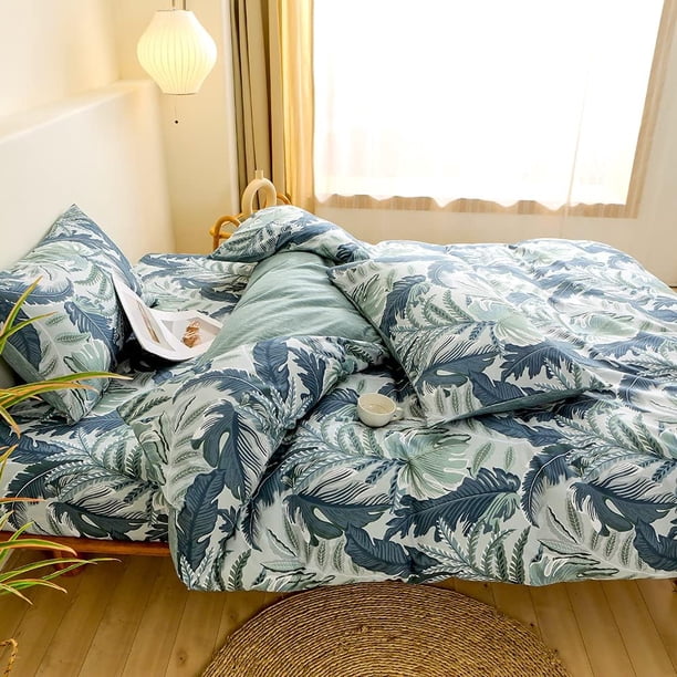 Juego de Funda Nórdica Reina Azul Verde Hojas de Palma Monstera Planta Juego de Ropa de Cama