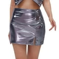 thumbnail image 2 of High Gloss Leather Bodycon Mini Skirt, High Waist Slim Fit, Side Slit, Stretch, Zipper, A-Line Design, Shiny Black PU Skirt, Party Clubwear, 2 of 4