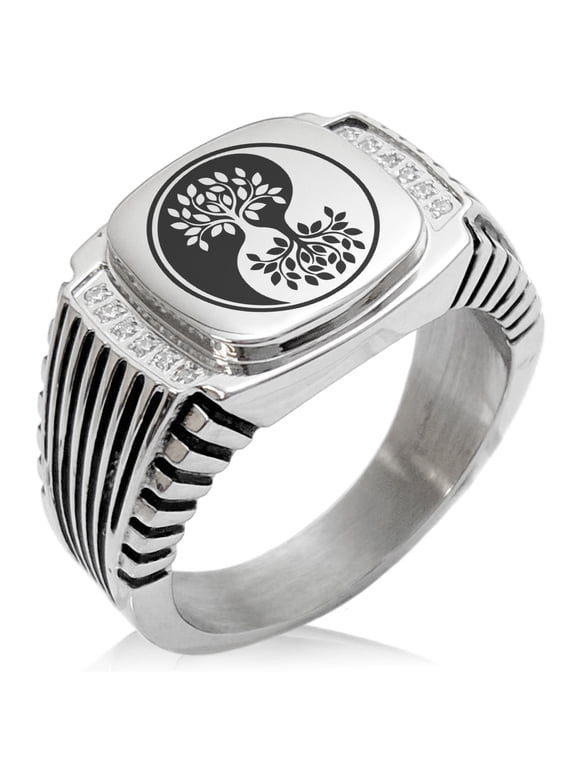 Stainless Steel Tree of Life Yin Yang CZ Ribbed Needle Stripe Pattern Biker Style Polished Ring
