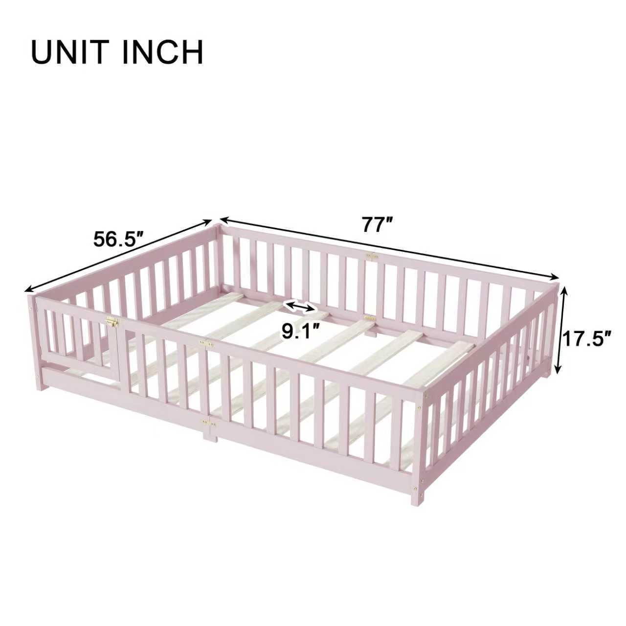Alvantor Full Size Montessori Floor Bed for Kids with Door and Fence, Rubber Wood Toddler Platform Bed Frame, No Box Spring Needed, Pink