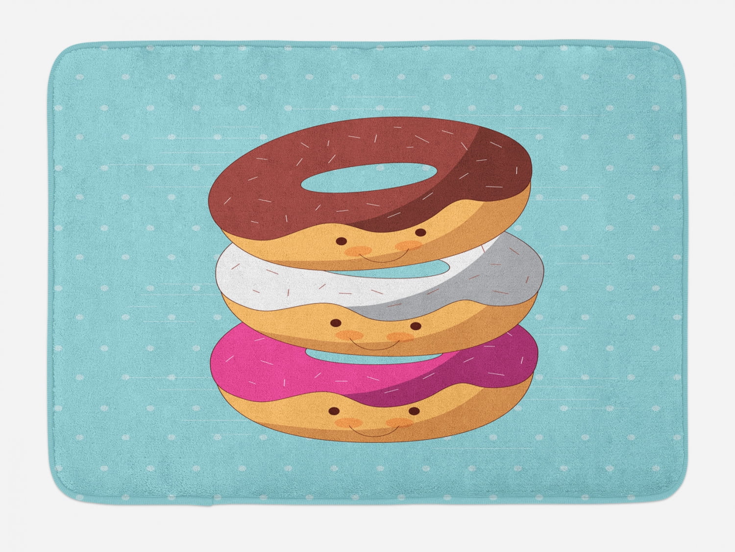 Anime Bath Mat, Kawaii Cartoon Style Colorful Donuts with Funny and