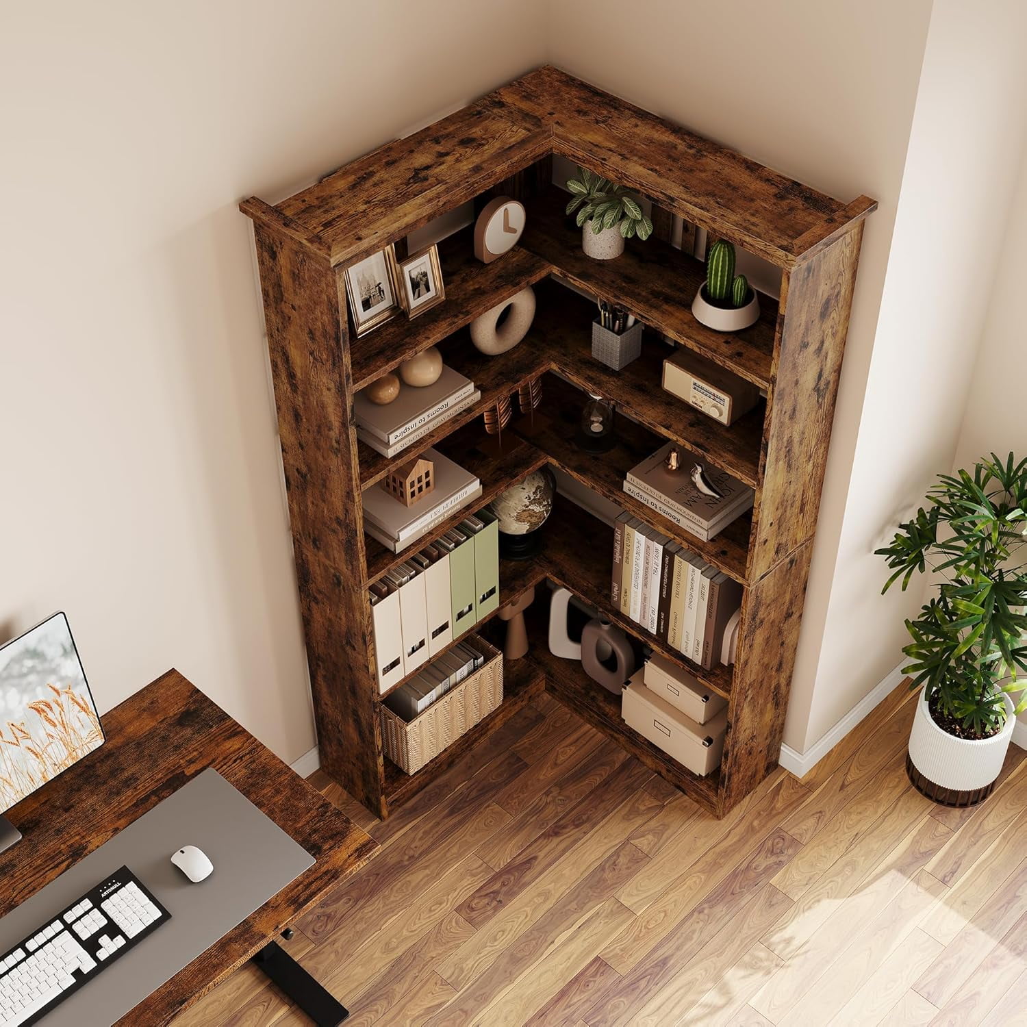 NEILA Farmhouse Corner Bookshelf – 72.8” Tall L-Shaped Bookcase with 5 Tiers, Wood Display Rack for Office and Bedroom, Half Panel Design in Brown