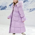 thumbnail image 2 of BFHHYA Girls Winter Long Puffer Coat Zip-Up Furry Hooded Jacket Thickened Warm Outerwear with Pockets, for Winter Holidays & Family Trips (5-16Y), 2 of 4