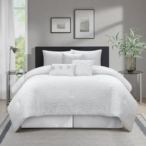 Nanshing Slavia 7 Piece Leaves Comforter Set , White , Queen Size , Jacquard