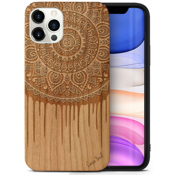 Case Yard Wooden Case Outside Soft TPU Silicone Slim Fit Shockproof Wood Phone Cover for Girls Boys Men and Women Supports Wireless Charging Dripping Mandala Design case for iPhone-11-Pro-Max