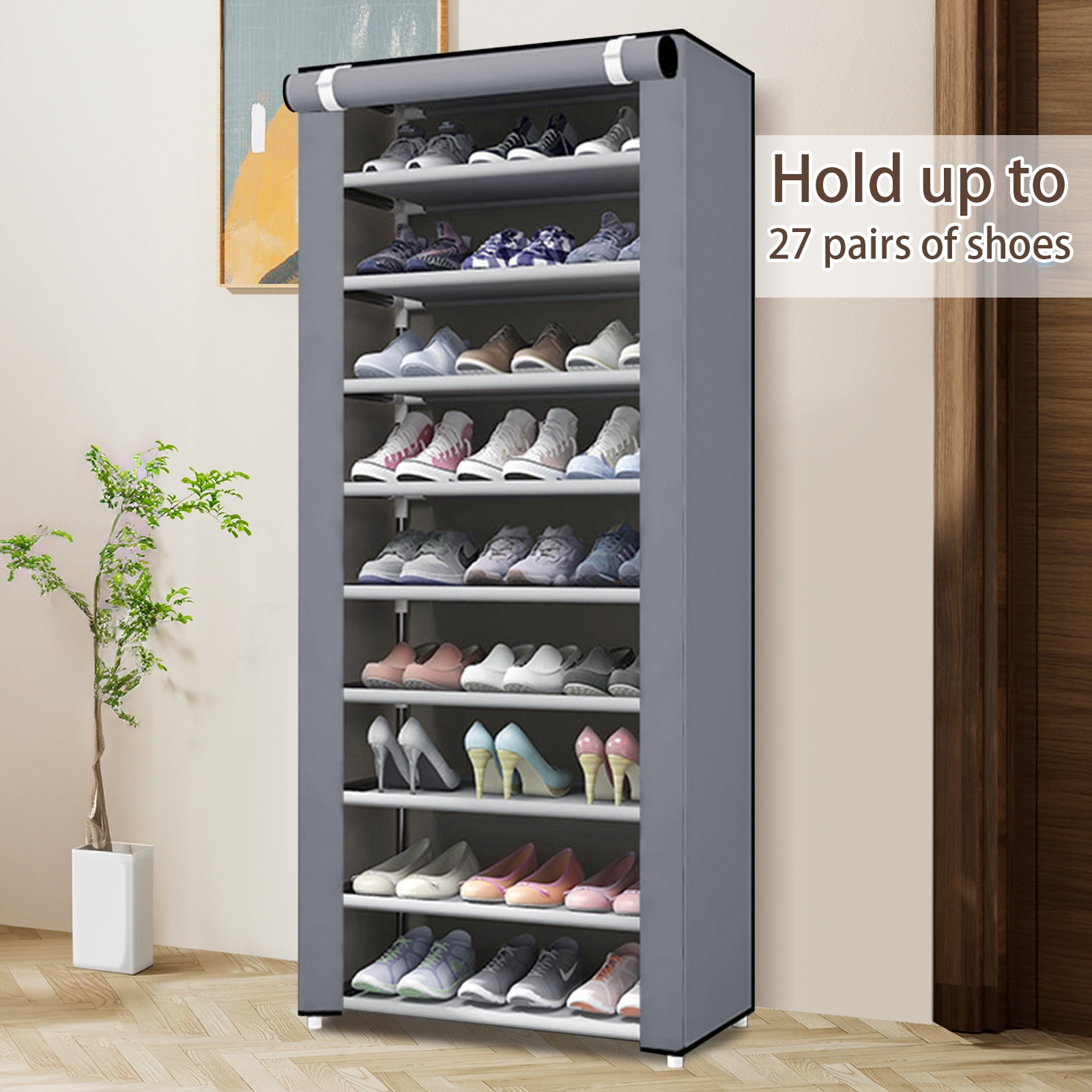 BAOKALER 10-Tier Tall Shoe Rack Shelf, 27 Pairs Closet Shoe Organizer Storage with Cover, 9 Lattices, Silver Gray