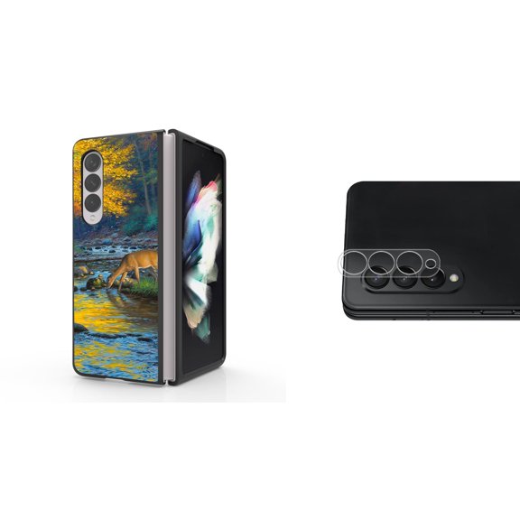 Accessory Bundle for Galaxy Z Fold 4: Slim Snap-On Case (Deer Stream), Rear Camera Glass Protector