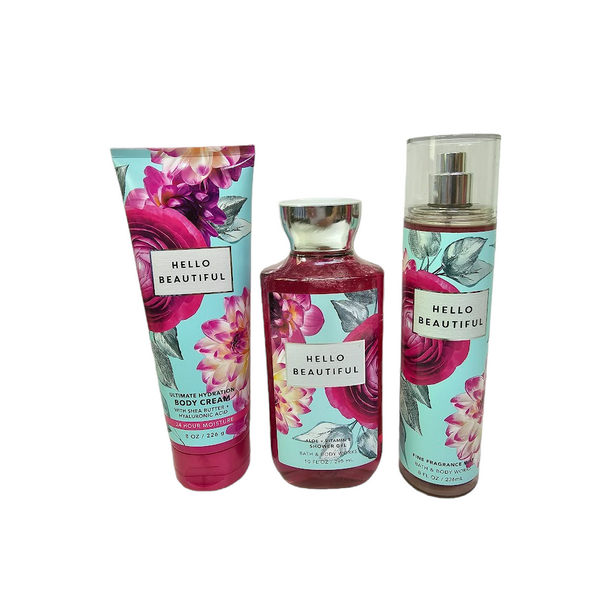 Bath and Body Works Hello Beautiful Set of 3 Shower Gel, Body Spray and Body Cream