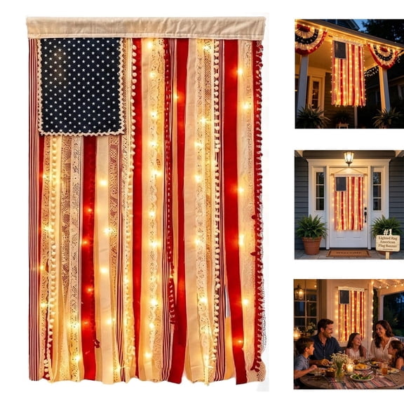 1Pack 4 x 2.3 Ft LED Lighted Rag American Flag Banner, for Home Party Supplies, Patriotic Wall Hanging for Memorial Day, Independence Day Party, Farmhouse Home Decor
