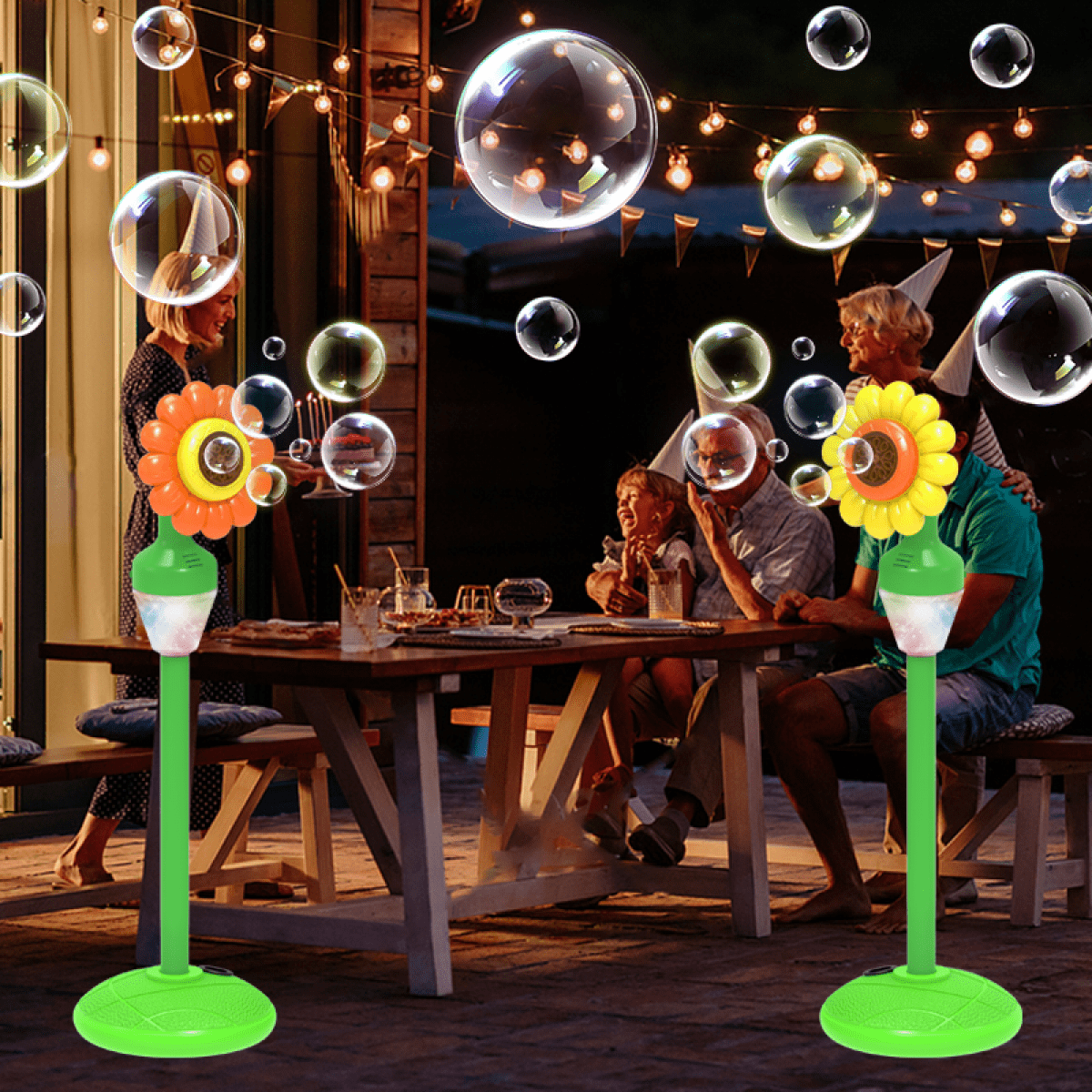 Flower Bubble Stand Machine,Sunflower Bubble Maker with Lights, Tall Adjustable Rechargeable Automatic Bubble Blower for Outdoor Backyard Party