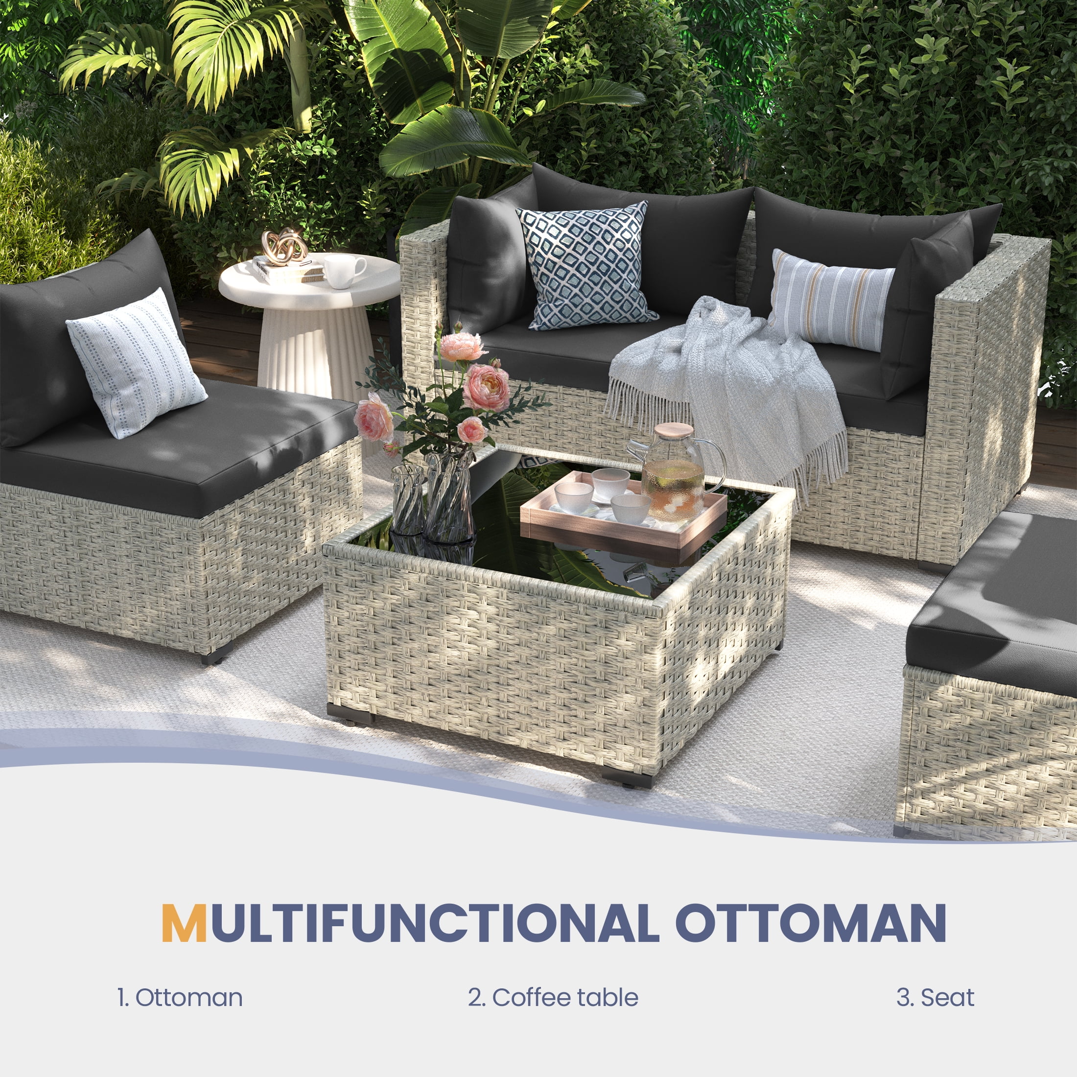 UDPATIO 9 Pieces Outdoor Patio Furniture Set, Outdoor Wicker Patio Conversation Set with Cushions for Backyard, Porch, Garden(Black)