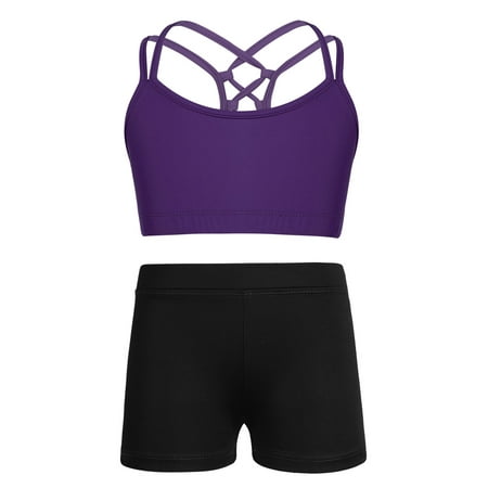 vastwit Girls Criss Cross Back Spaghetti Straps Tanks Bra Crop Top with Activewear Shorts Purple 10