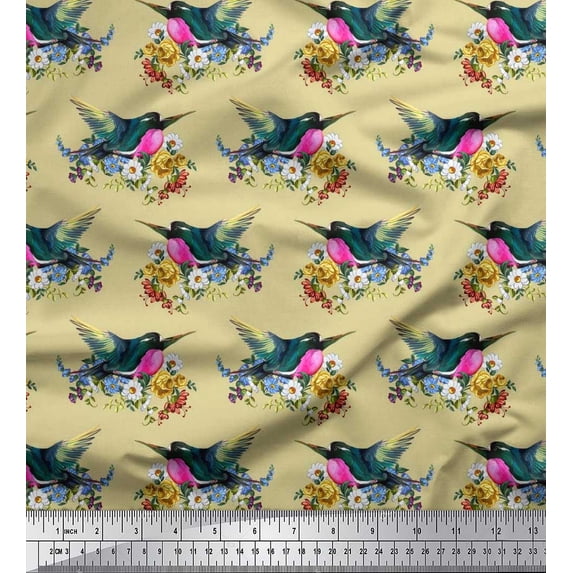 Soimoi Beige Velvet Fabric Leaves,Floral & American Robin Bird Print Fabric by The Yard 58 Inch Wide