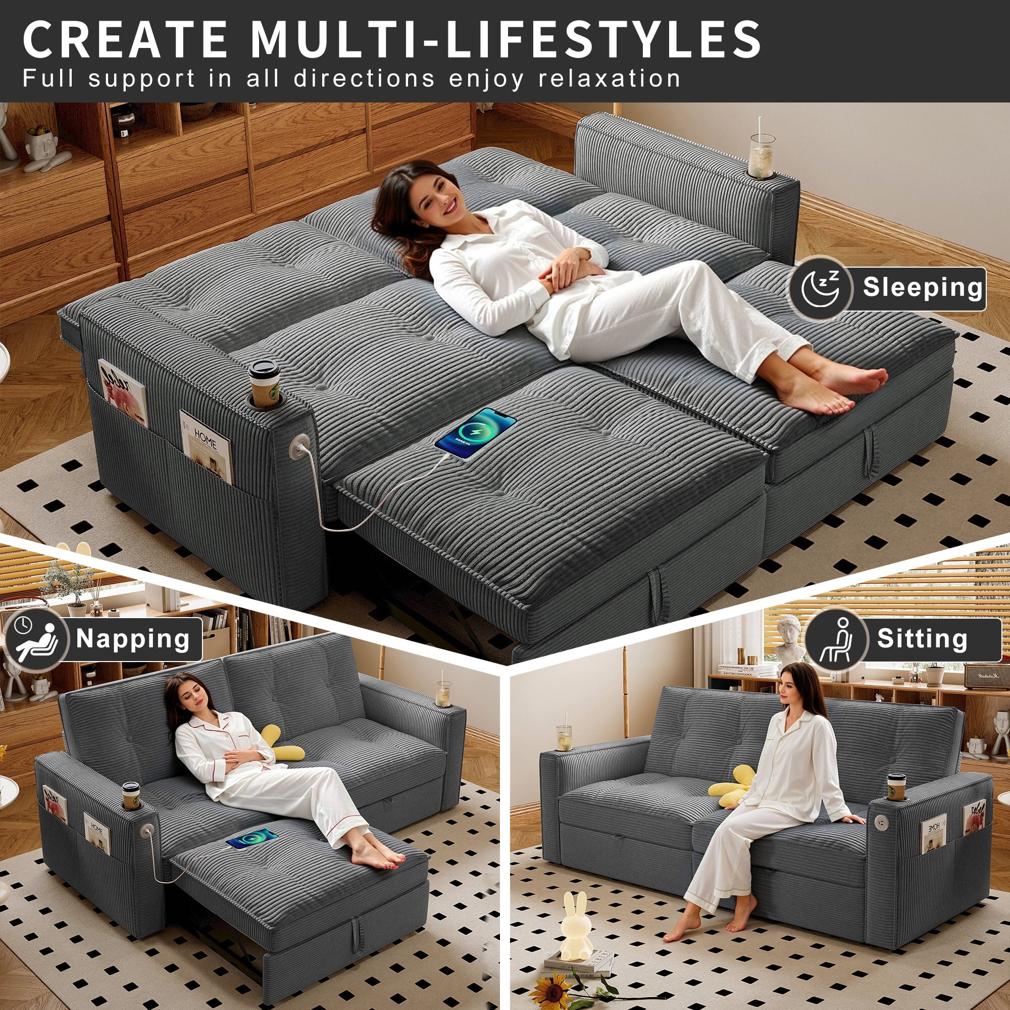 LLappuil 73" Pull Out Sofa Bed Queen Size, Loveseat Sofa Convertible Sleeper Sofa Bed, Corduroy Sofa Couch for Living Room Gray