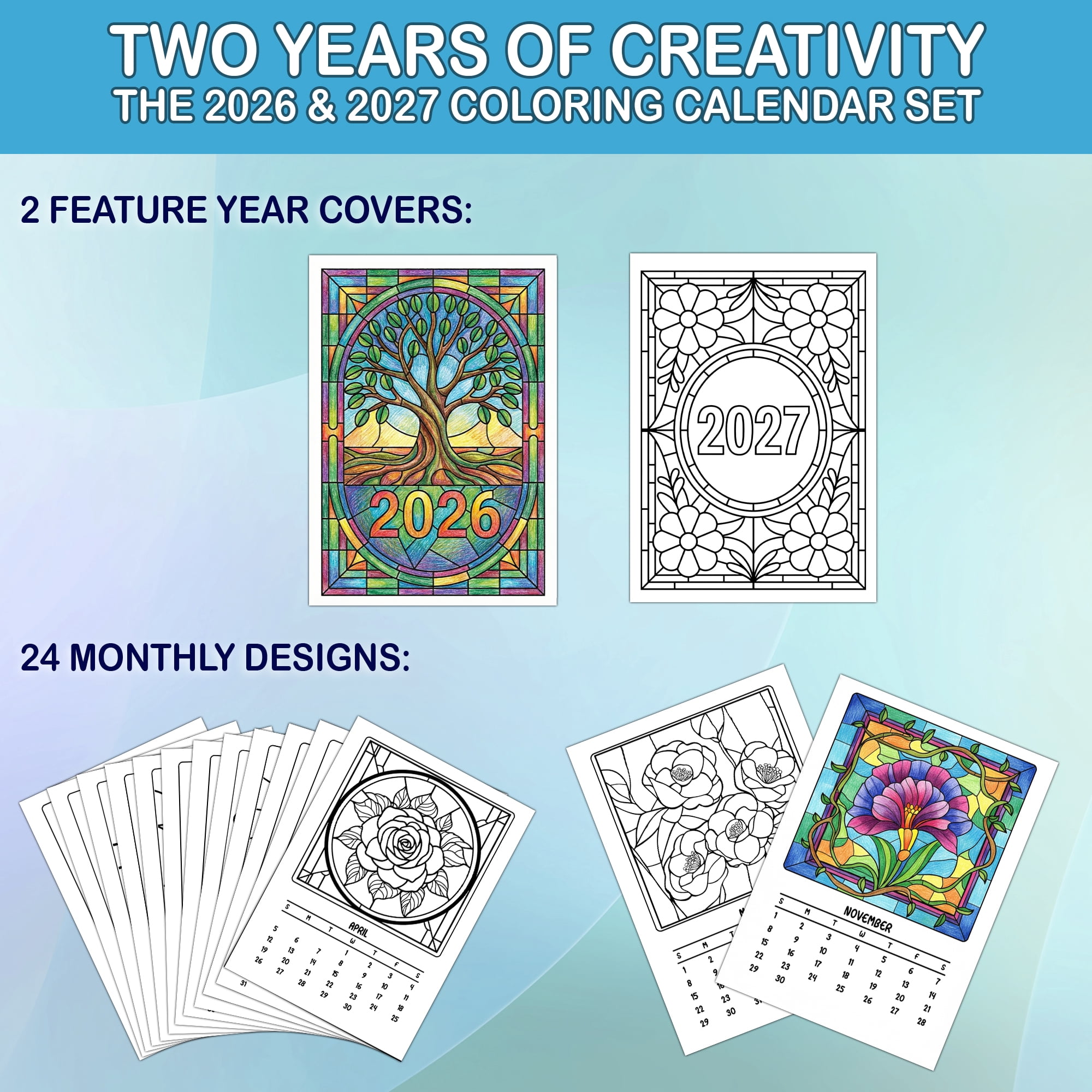 Stained Glass Flowers Coloring Desk Calendar 2026–2027, A5 Wooden Cover Planner with 26 Easy Coloring Pages for Adult Relaxation, 24 Month Desktop Calendar with Stand, Gift for Family & Friends