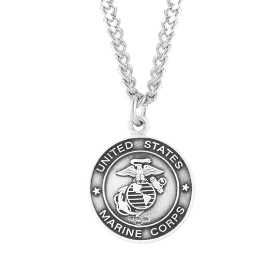 Sterling Silver Marines Medal with Patron Saint St Christopher on Reverse Side, 24" Endless Rhodium Plated Stainless Steel Chain Necklace, Made in USA, Deluxe Velvet Gift Box