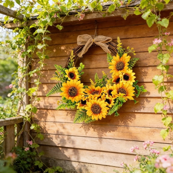 Sunflower Wreath, Decorative Hanging Pendant for Bee Festival, Summer Garden, Yard, Wall, Front Door, Outdoor Decor, Artificial Sunflower Garland Ornament, Seasonal Home Porch Decor, 11.8in, Yellow