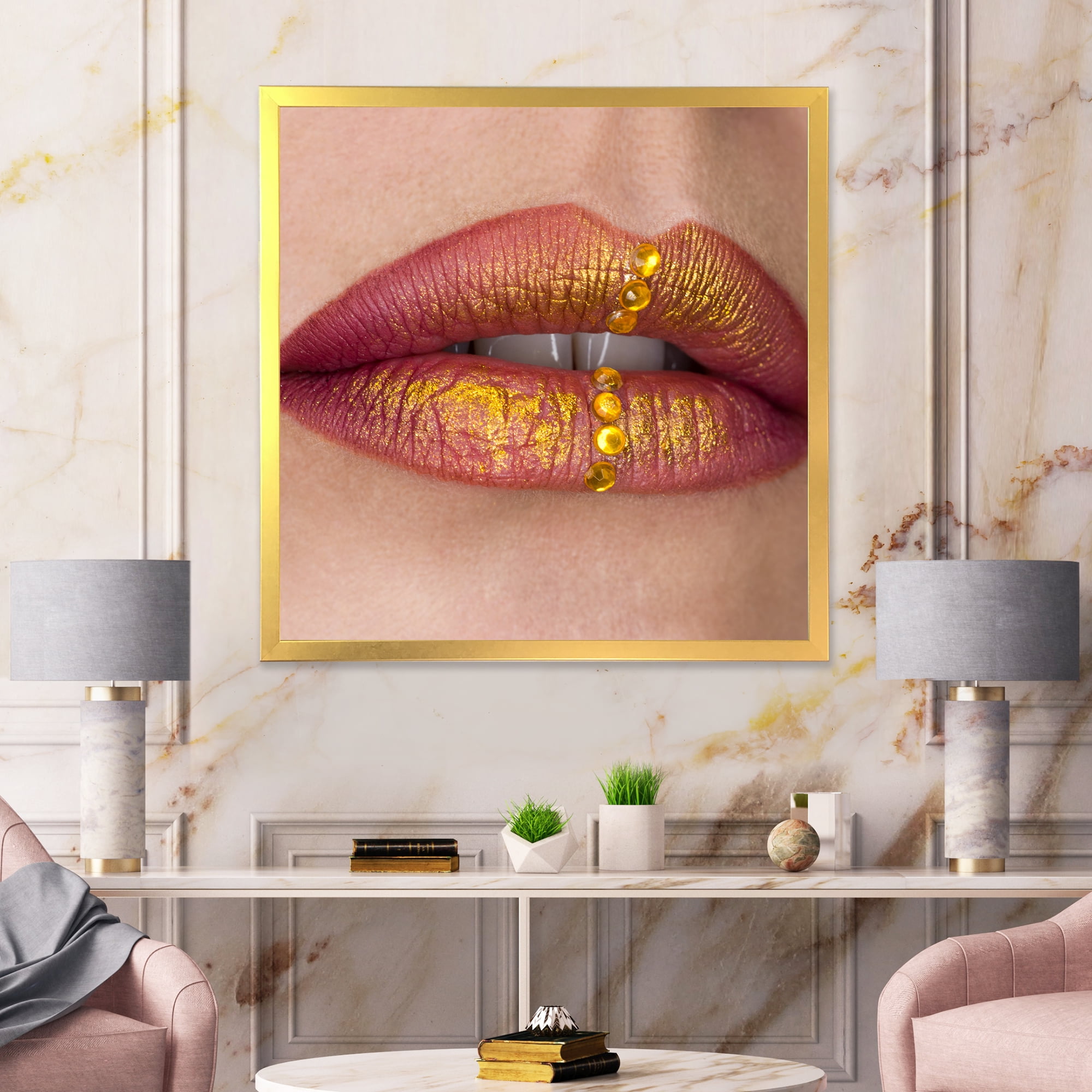 Designart 'Woman Lips Close-Up With Red Lipstick, Gold Paint' Modern Framed Art Print