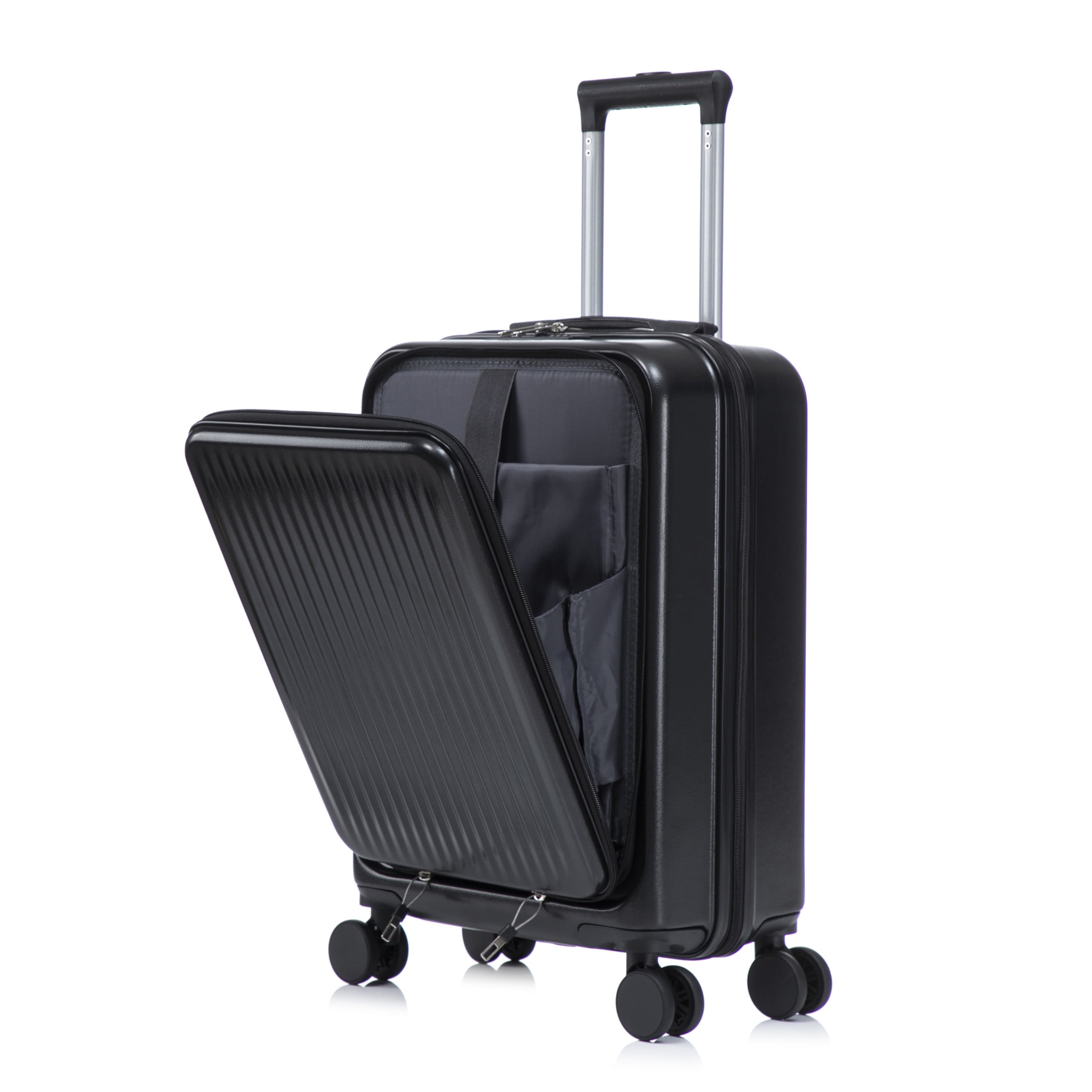 GDF Studio 20" Carry-On Spinner Luggage Set with 14" Cosmetic Case, Lockable and Front Opening, Black