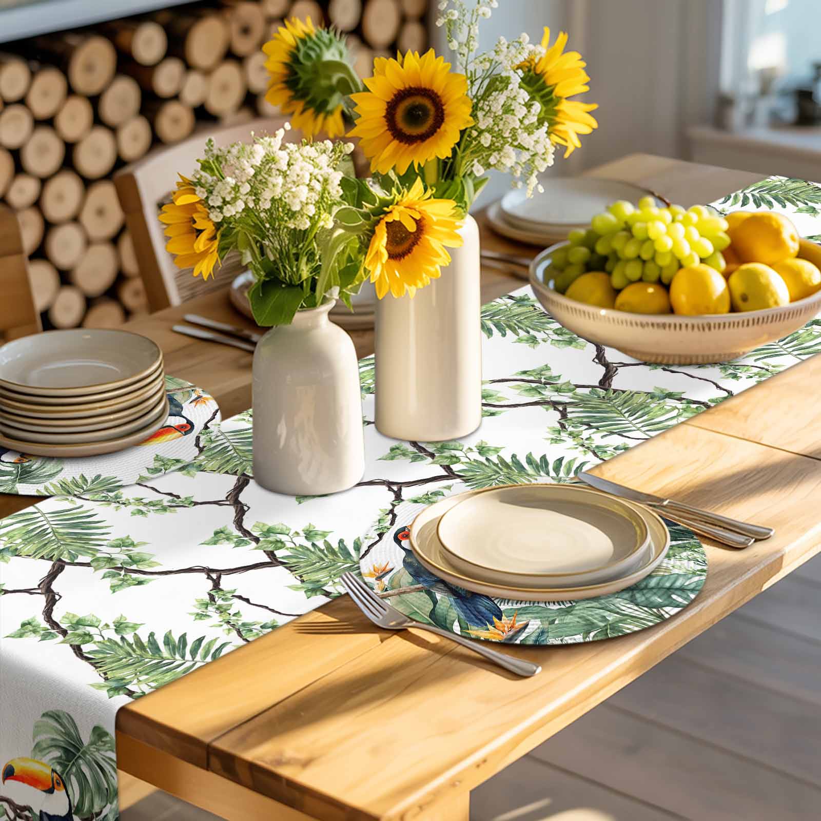 Tropical Botanical Round Table Placemats set of 6, Palm Banana Leaf Toucan Washable Woven Place Mats for Dining Tables Kitchen Party Decor,Heat Proof, 15in, Green