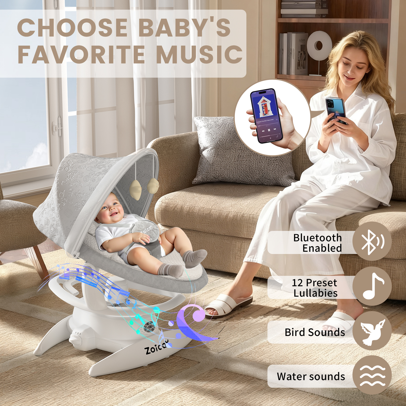 Zoicay Baby Swing, Baby Rocker Stationary Seat Infants Swing 3-IN-1 Design,  Motion Detection, 5 Speeds & 3 Modes,12 Melodies & Bluetooth Music, White