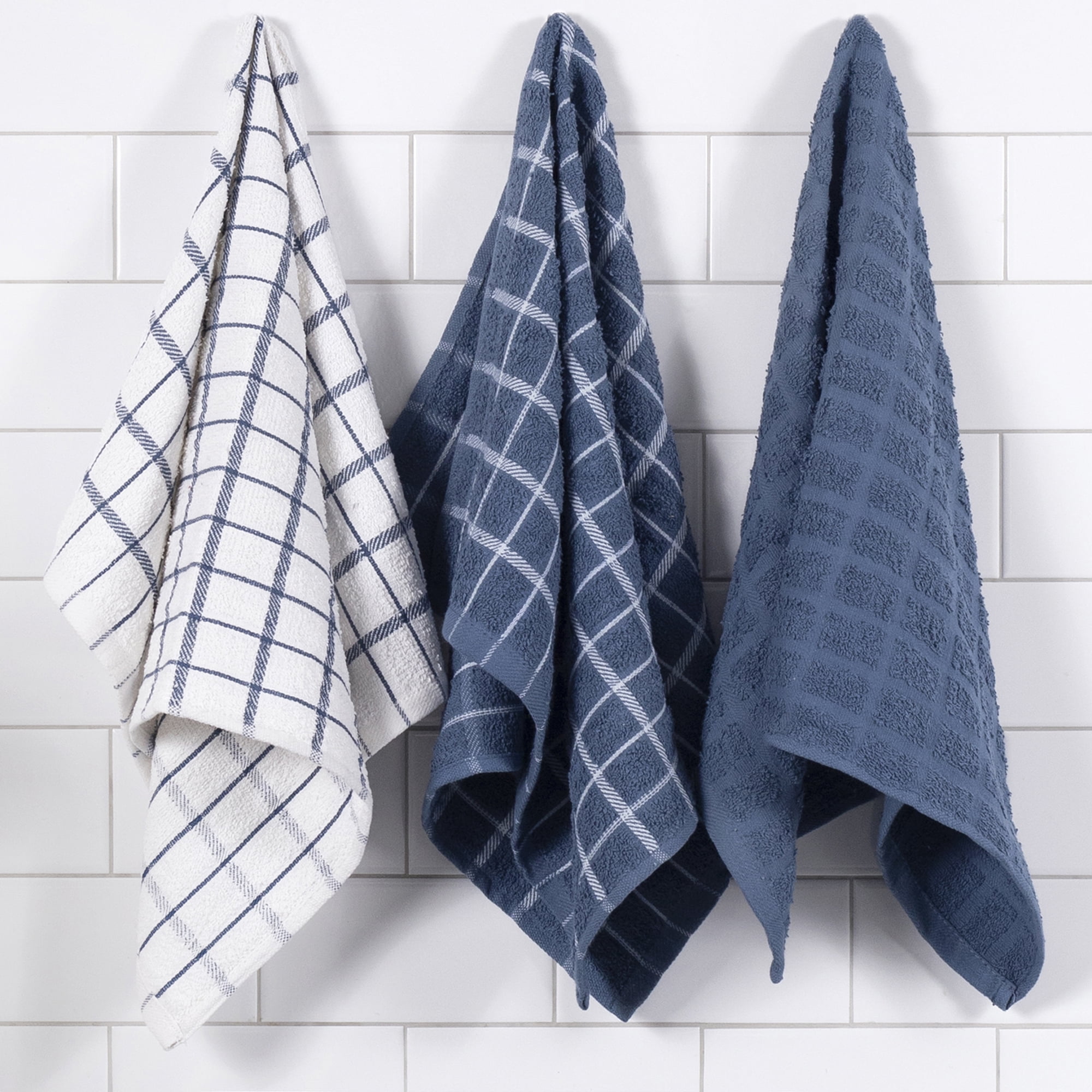 RITZ Terry Check Kitchen Towel Set, 3-Pack, 15" x 25", Federal Blue