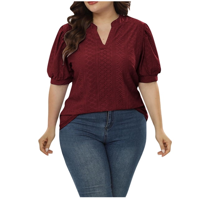Fiudx Ofertas de La Semana Camisetas de Talla Grande para Mujer con Cuello En V y Manga Corta Abombada, Blusas Informales de Verano con Agujeros