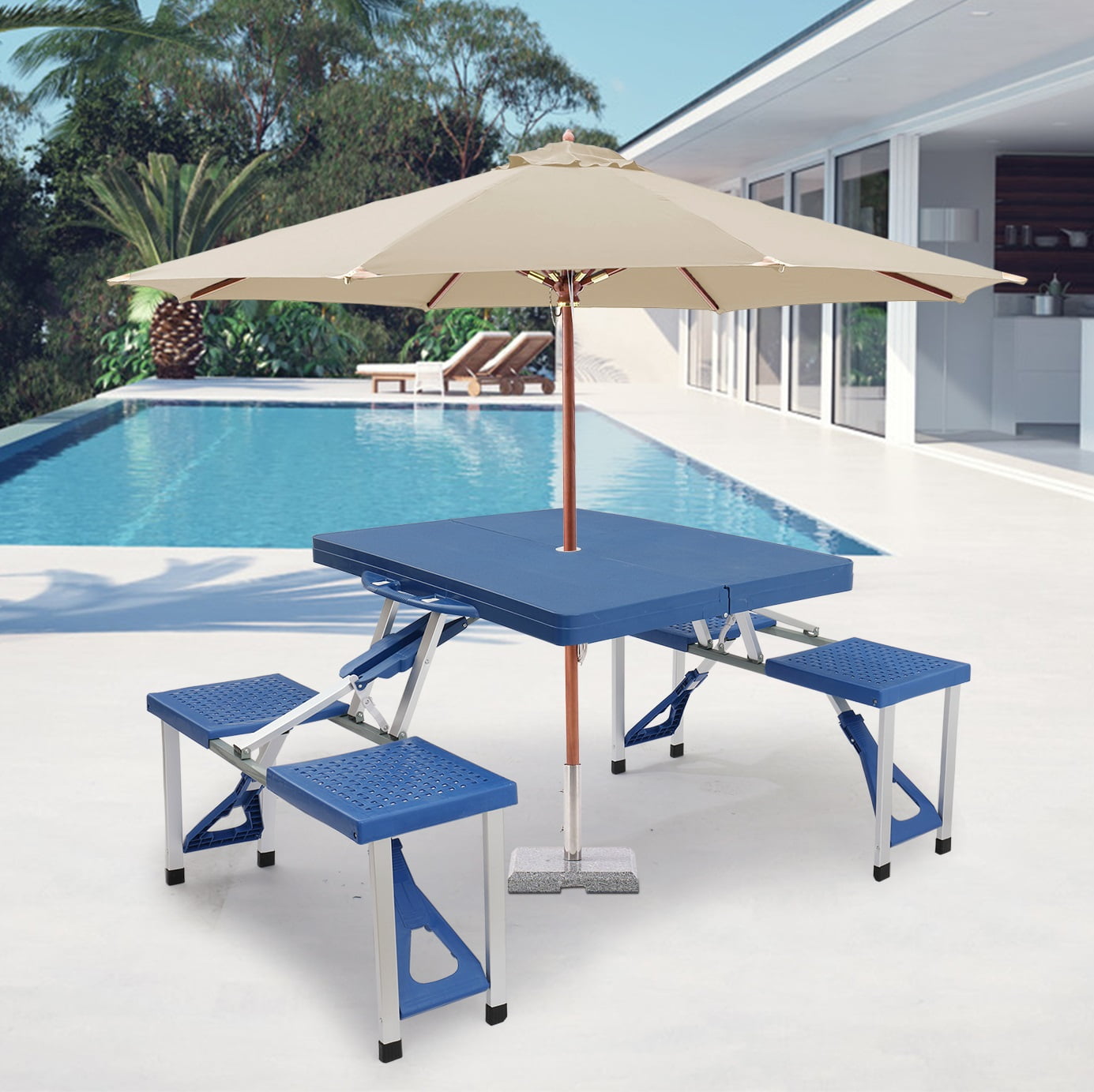 Picnic Table Foldable with Table and Chairs, Umbrella Hole, Outdoor