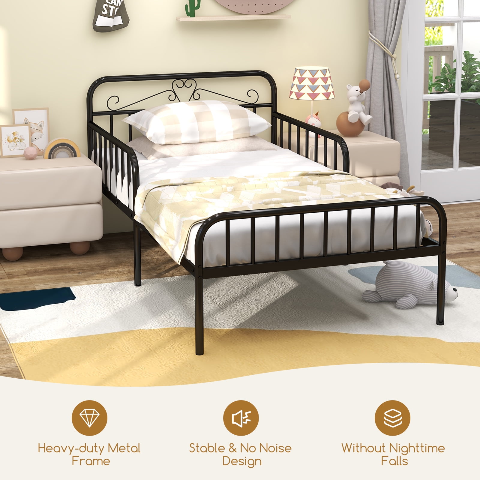 Infans Twin Size Metal Bed Frame Modern Platform Bed with Safety Guardrails Headboard