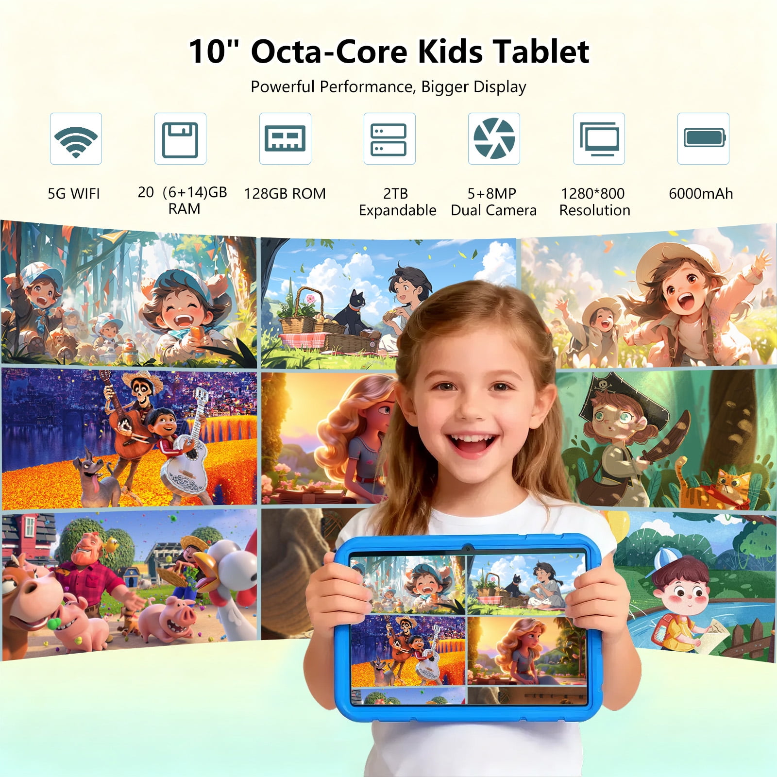 Kids Tablet, 10 inch Android 15 Tablet for Kids, 20GB RAM 128GB ROM Octa-Core 6000mAh Battery Childs Tablets with Shockproof Case, Bluetooth, WiFi, Parental Control, Dual Camera, GPS
