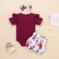 thumbnail image 6 of Baby Girl Summer Outfit Sets Solid Ribbed Romper Floral Bow Shorts Headbands Girls Summer Clothes Shorts Set 0-6 Months, 6 of 9