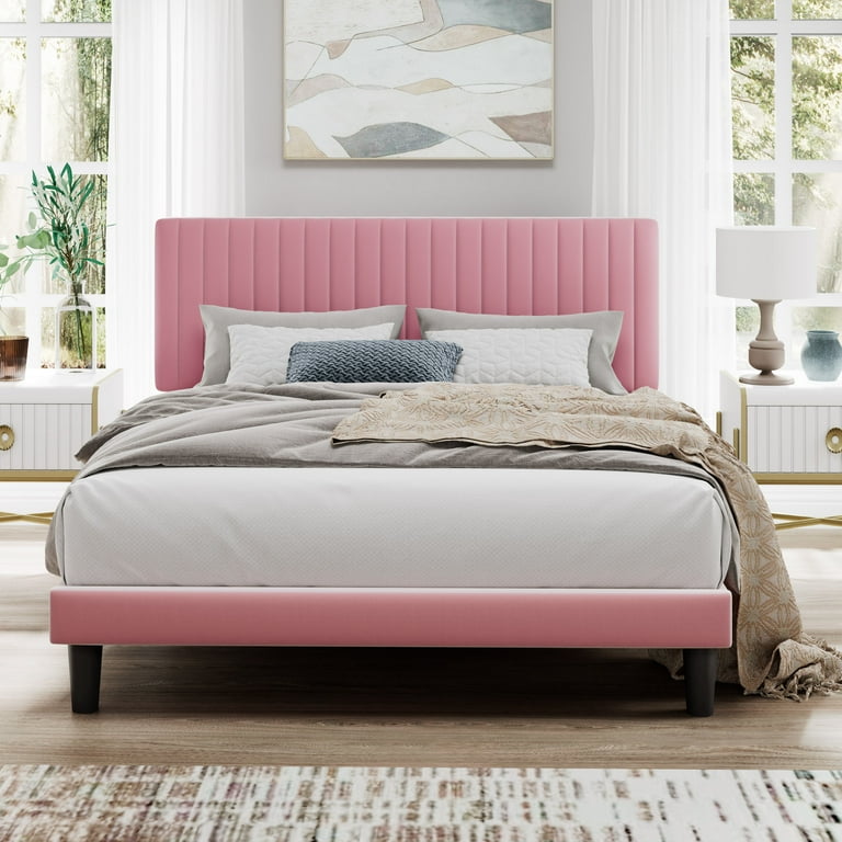 SHA CERLIN Pink Queen Size Upholstered Platform Bed Frame with Adjustable Velvet Channel Headboard