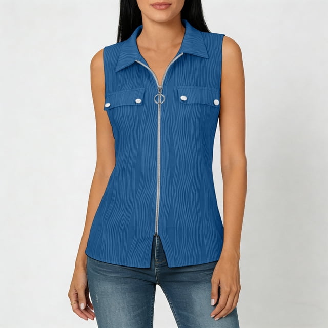 Abcnature Women's Sleeveless Zip Up Shirt Collared V Neck Button Down Blouse Tops Solid Color Ribbed Tank Tops