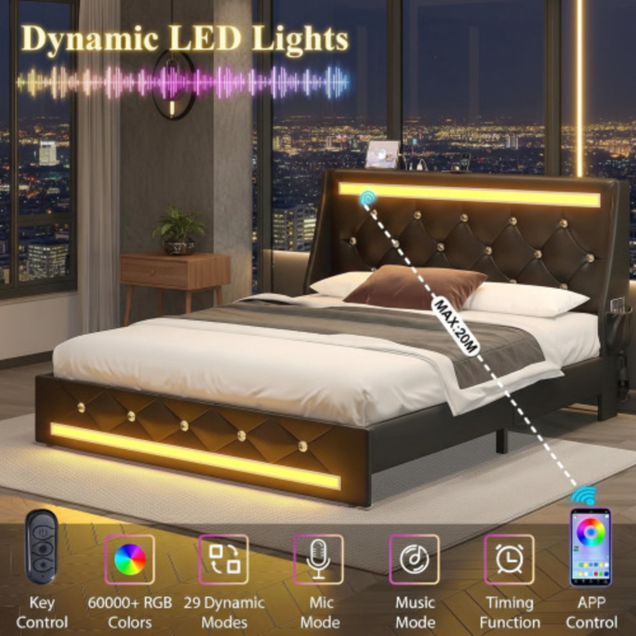 Noble House Eille Queen Size Upholstered Bed Frame with LED Lights & Charging Station, Diamond Headboard, Black