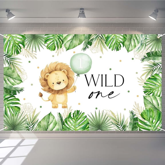 Lion Wild One Baby Shower Backdrop for Boy Safari Jungle First Birthday Photography Background Green Leaves Balloon One Year Old Birthday Party Decorations Banner Supplies Photo Booth Props