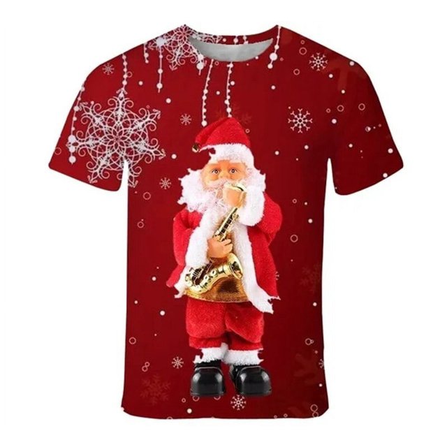 Camiseta de Navidad con estampado 3D para hombre y mujer, camisa informal de manga corta con cuello redondo, muñeco de nieve y alce, Unisex