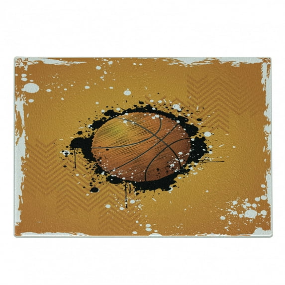 Basketball Cutting Board, Basketball and Paint Splashes on Abstract Grungy Background Sport Theme Print, Decorative Tempered Glass Cutting and Serving Board, Small Size, Orange Black, by Ambesonne