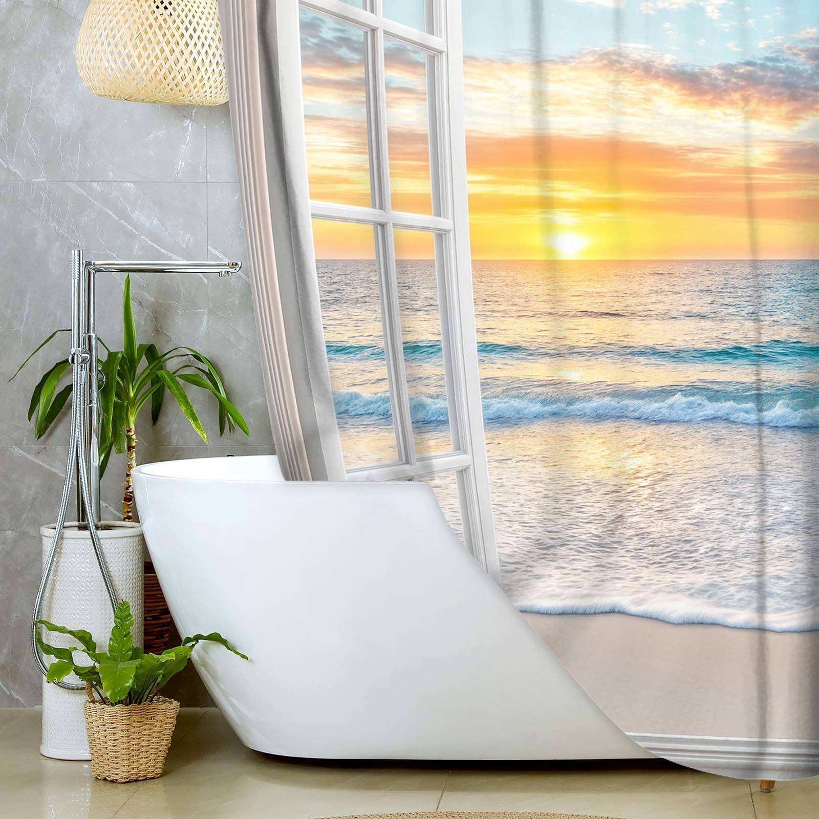 Beach Ocean Shower Curtain, White Door Windows Summer Bathroom Curtain Set, Hawaiian Sunrise Scenery Sea Wave Printed Bathroom Decor Fabric Polyester Waterproof 12 Pack Hooks,60X70in