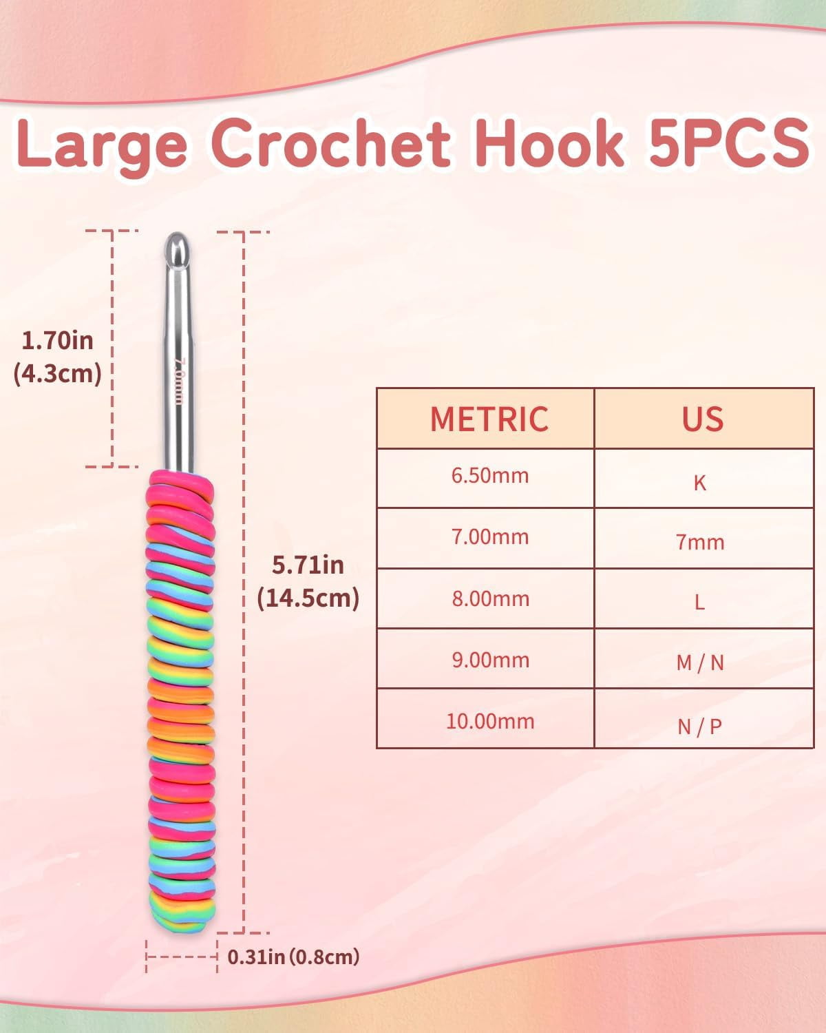 Large Crochet Hooks Set, Rainbow Non-Slip Spiral Grip, K/6.5mm, 7.0mm, L/8.0mm, M/9.0mm, N/10.0mm, Aluminum Crochet Needles for Blankets Scarves Sweaters, Crochet Hook for Beginners & Crafters