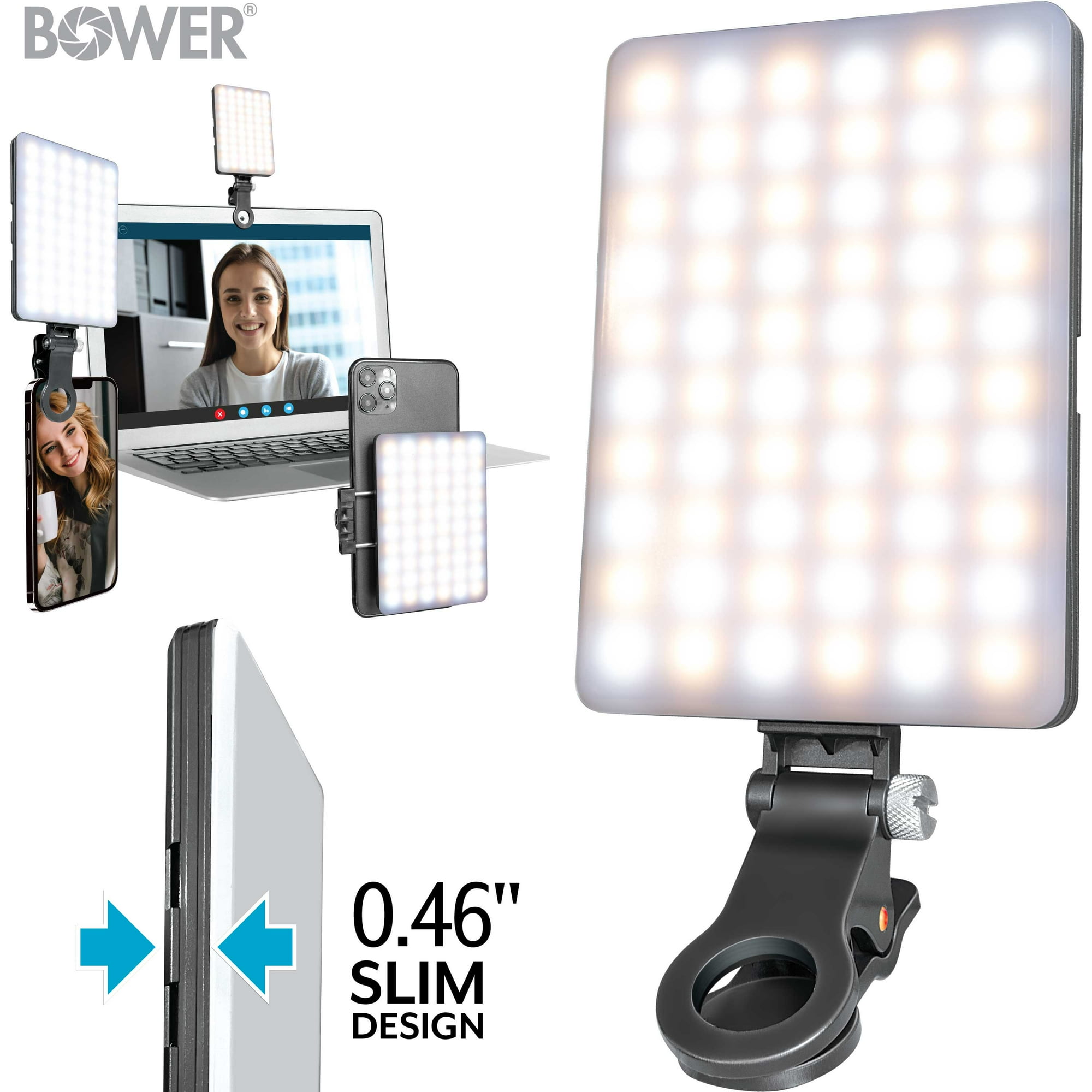 Bower Clip-on Snap Light for Streaming, Selfies & Remote Work - USB-C, 8-Level Brightness, Black