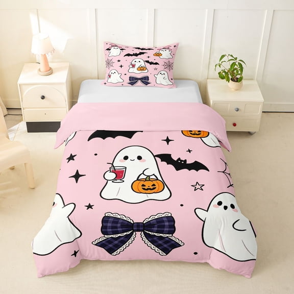 Homewish Cute Cartoon Ghost Twin Duvet Cover for Girls, Halloween Bat Plaid Bow Pumpkin Twin Bedding, Pink Reversible, 2pcs, 1 Duvet Cover and 1 Pillowcase