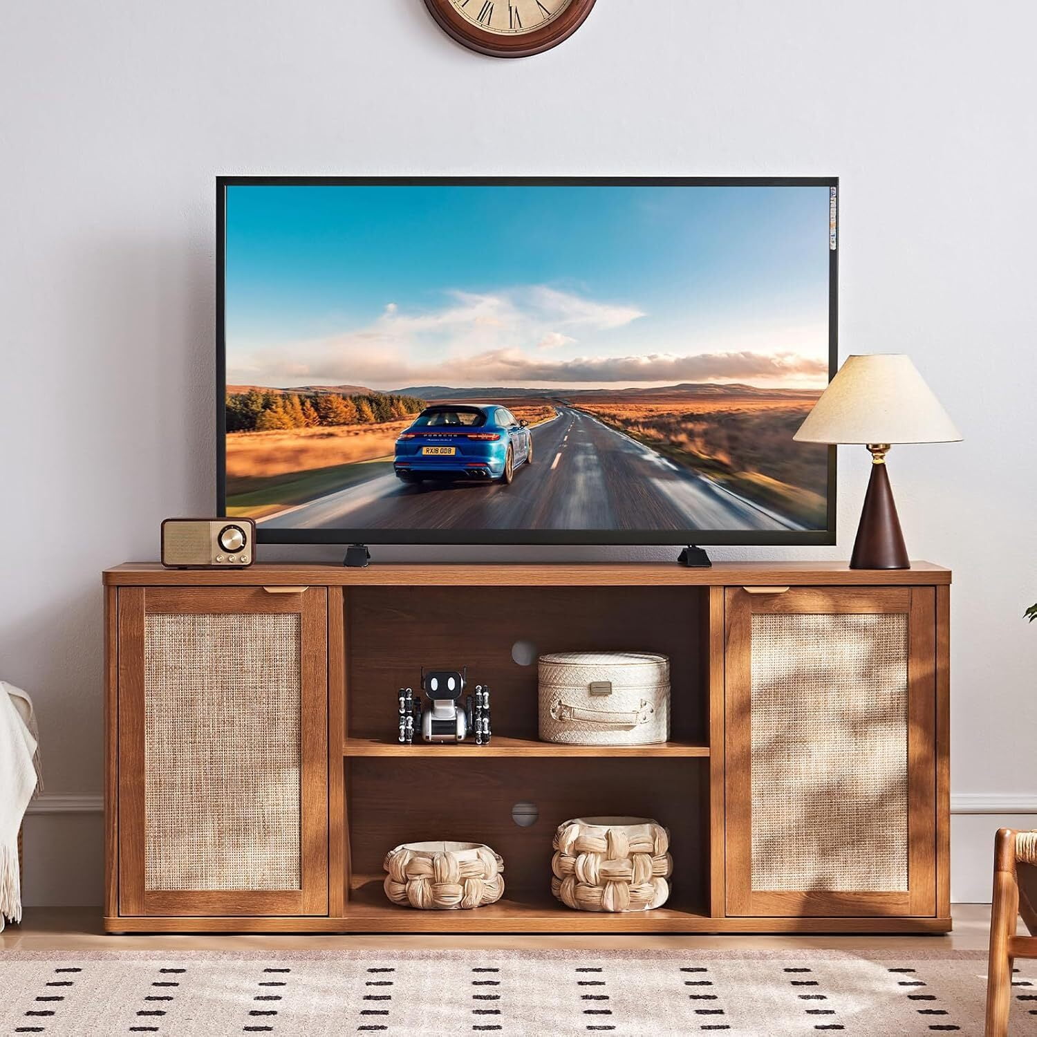 LEYAOYAO Boho Rattan TV Stand, Tea Brown Media Console with Open Shelf & Storage, Fits 50-65 Inch TV, Rustic Entertainment Center