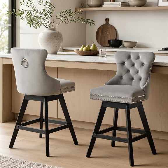 Swivel Counter Height Bar Stools Set of 2, LEGAHOME Farmhouse Velvet Bar Stools with Back for 34–38" Kitchen Island, Armless Wooden Bar Chairs for Home Bar, Gray (Set of 2)