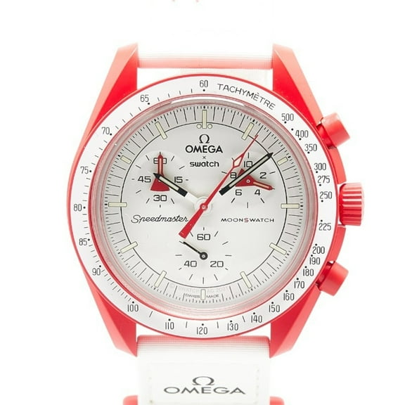 Pre-Owned OMEGA x Swatch Moon MISSION TO MARS Wristwatch SO33R100 Quartz White Dial Ceramic...