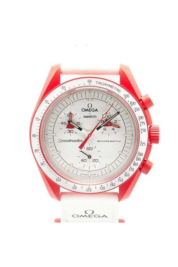 Pre-Owned OMEGA x Swatch Moon MISSION TO MARS Wristwatch SO33R100 Quartz White Dial Ceramic...