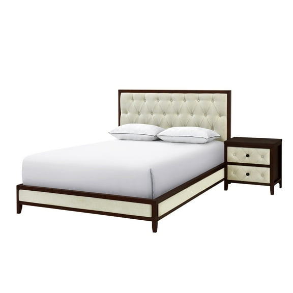 Moni 24 Inch Nightstand, 2 Drawers, Beige, Cherry Espresso Brown Wood Frame