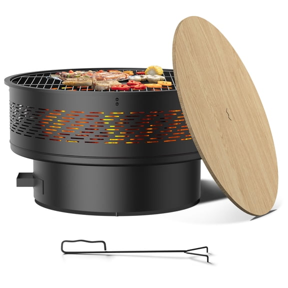 TVOFEK 32 inch Fire Pit Table with BBQ Grill & Lid, Round Wood Burning Firepits for Outside with Fire Poker for Bonfire, Camping, Yards