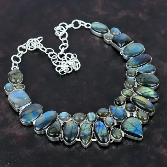 Labradorite Necklace – Natural Gemstone Handmade in 925 Sterling Silver, Stamped Pendant Gift for Mom