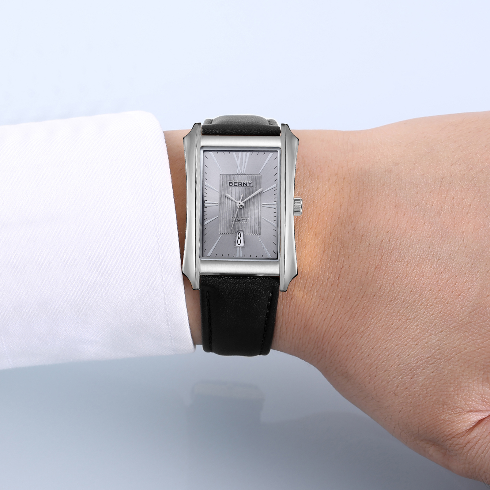BERNY Men's Leather Watch, Vintage Stainless Steel Rectangular Case Roman Dial Dress Analog Watch with Date Calendar, Waterproof, Classic Business Quartz Wrist Watches for Men (Gray)